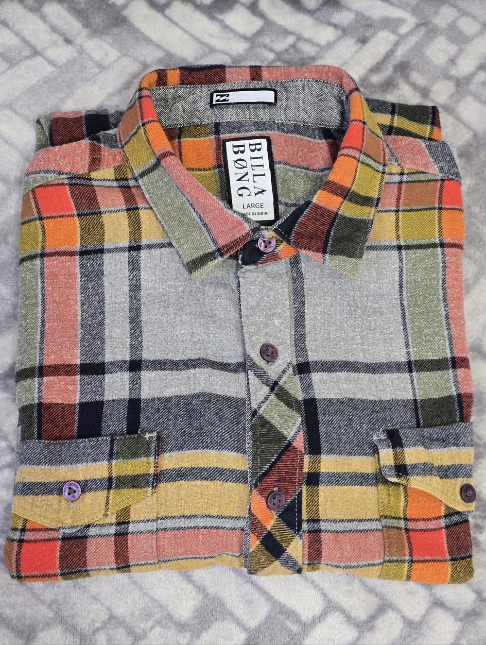 Billabong Flannel Shirt Mens Large Plaid Long Sleeve Button Up Gray Red Yellow L